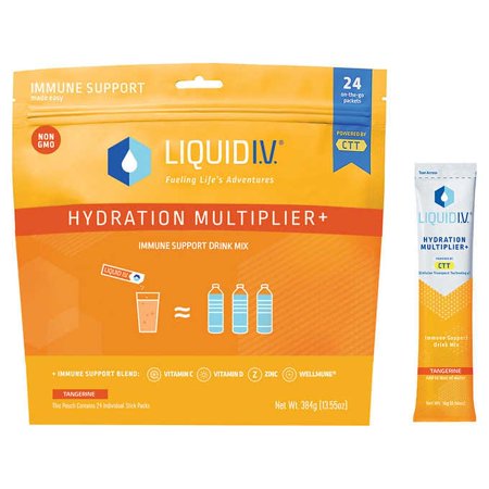 Liquid I.V. Tangerine Hydration Multiplier Plus Immune Support, 24 Individual Serving Stick Packs in Resealable Pouch