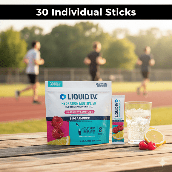 Liquid I.V. Hydration Multiplier, 30 Individual Serving Stick Packs in Resealable Pouch, Sugar Free, Raspberry Lemonade