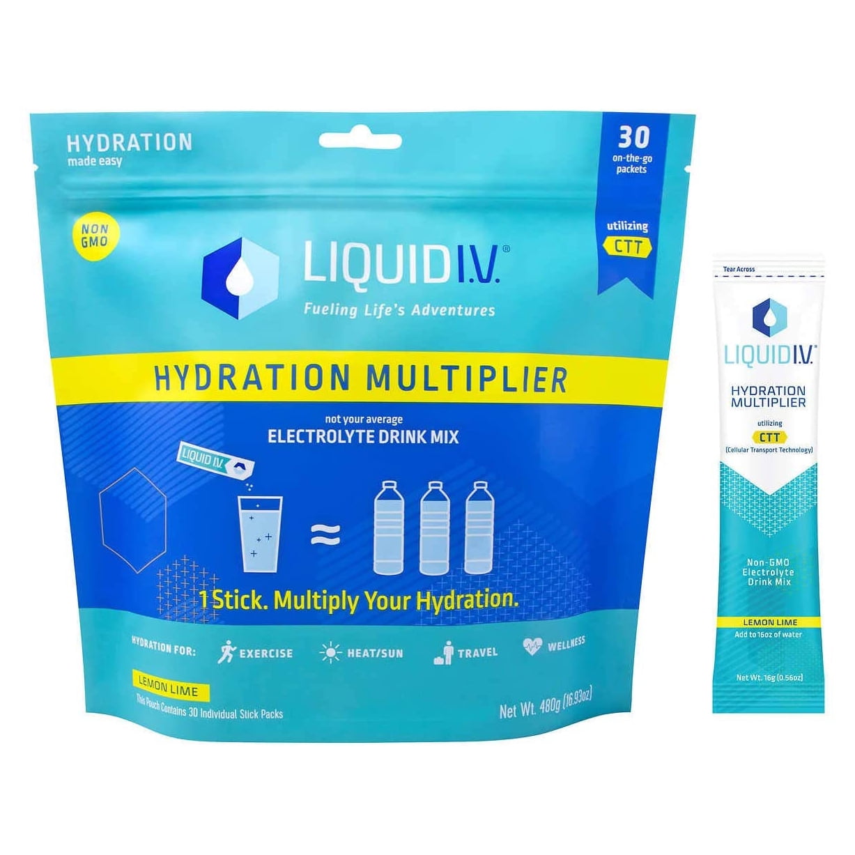 Liquid I.V. Hydration Multiplier, 30 Stick Packs in Resealable Pouch, Lemon Lime