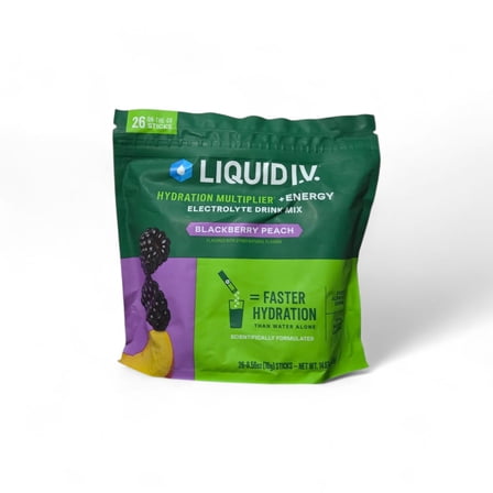 Liquid I.V. Hydration Multiplier + Energy Drink Mix Powder Sticks, Blackberry Peach Flavor, 26 Count