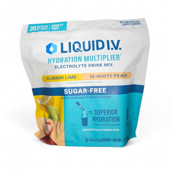 Liquid I.V. Hydration Multiplier Sugar-Free Electrolyte Drink Mix, Lemon Lime & White Peach Variety Pack, 30 On-The-Go Sticks