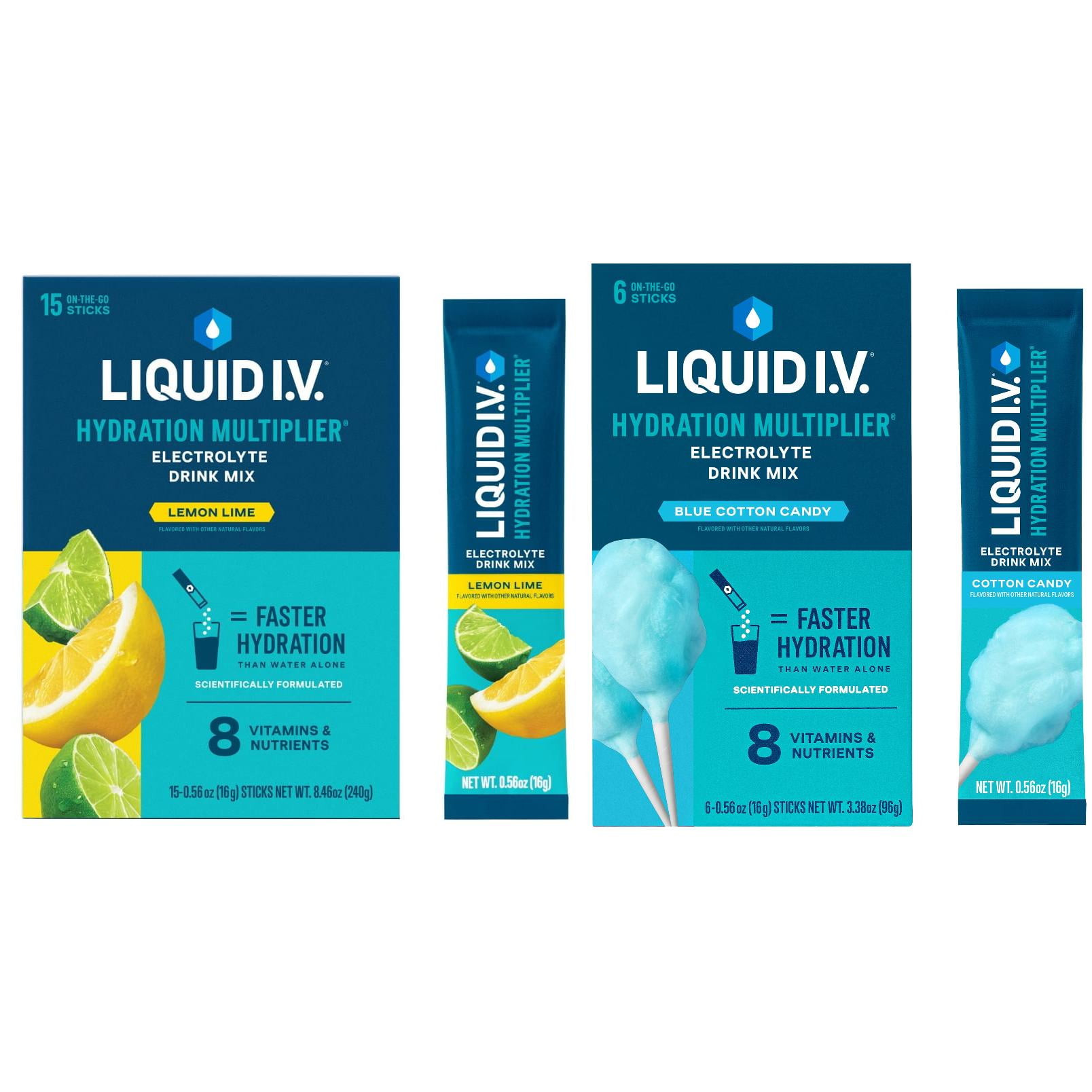 Liquid I.V. Lemon Lime + Cotton Candy Hydration Multiplier Combo Pack, 15 count + 6 count packets, 2 pack