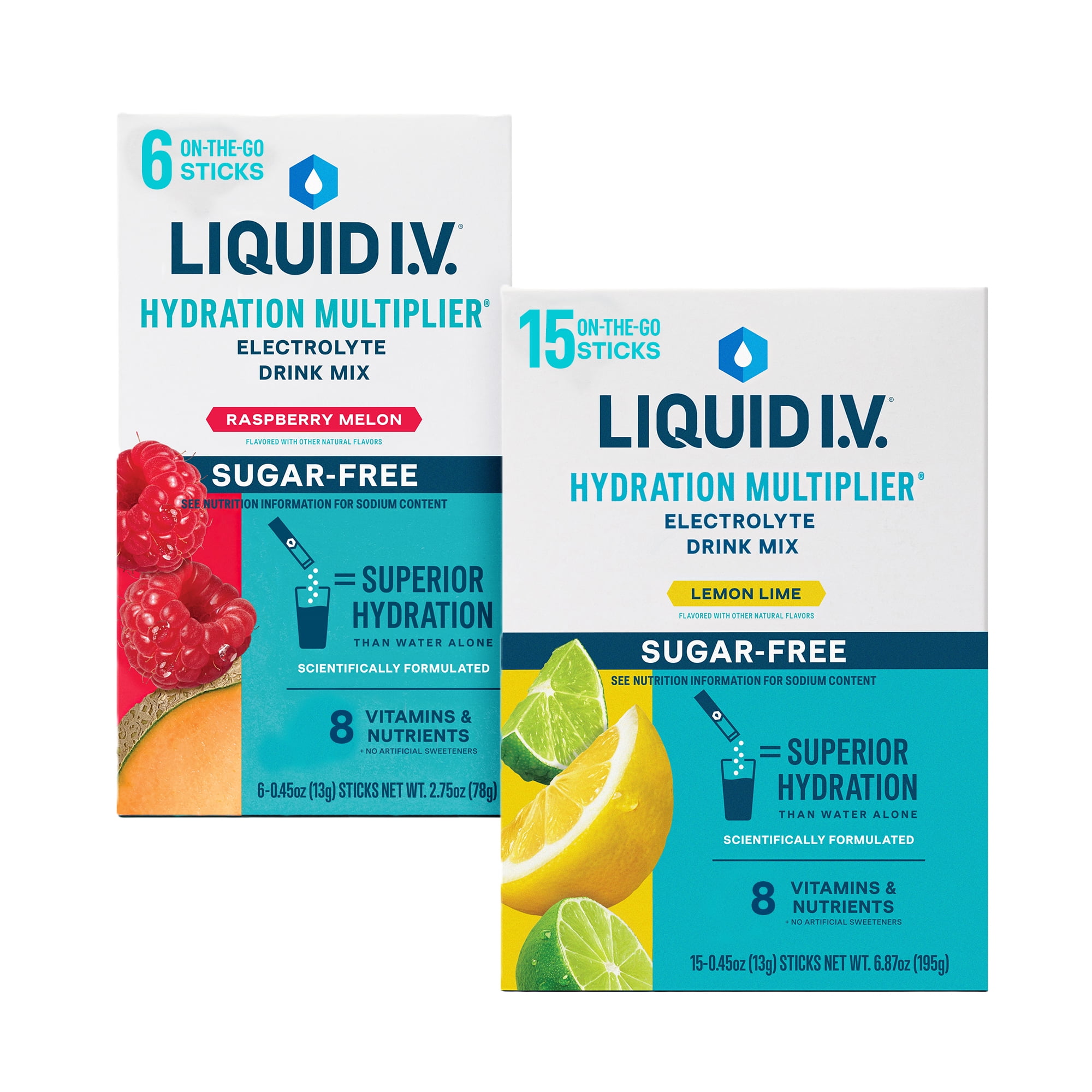 Walmart discounts of Liquid I.V.® Lemon Lime + Raspberry Melon Sugar Free Hydration Multiplier® Combo Pack, 15 count + 6 count packets, 2 pack