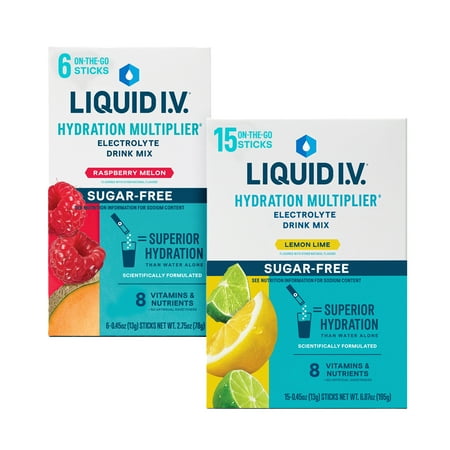 Liquid I.V.® Lemon Lime + Raspberry Melon Sugar Free Hydration Multiplier® Combo Pack, 15 count + 6 count packets, 2 pack