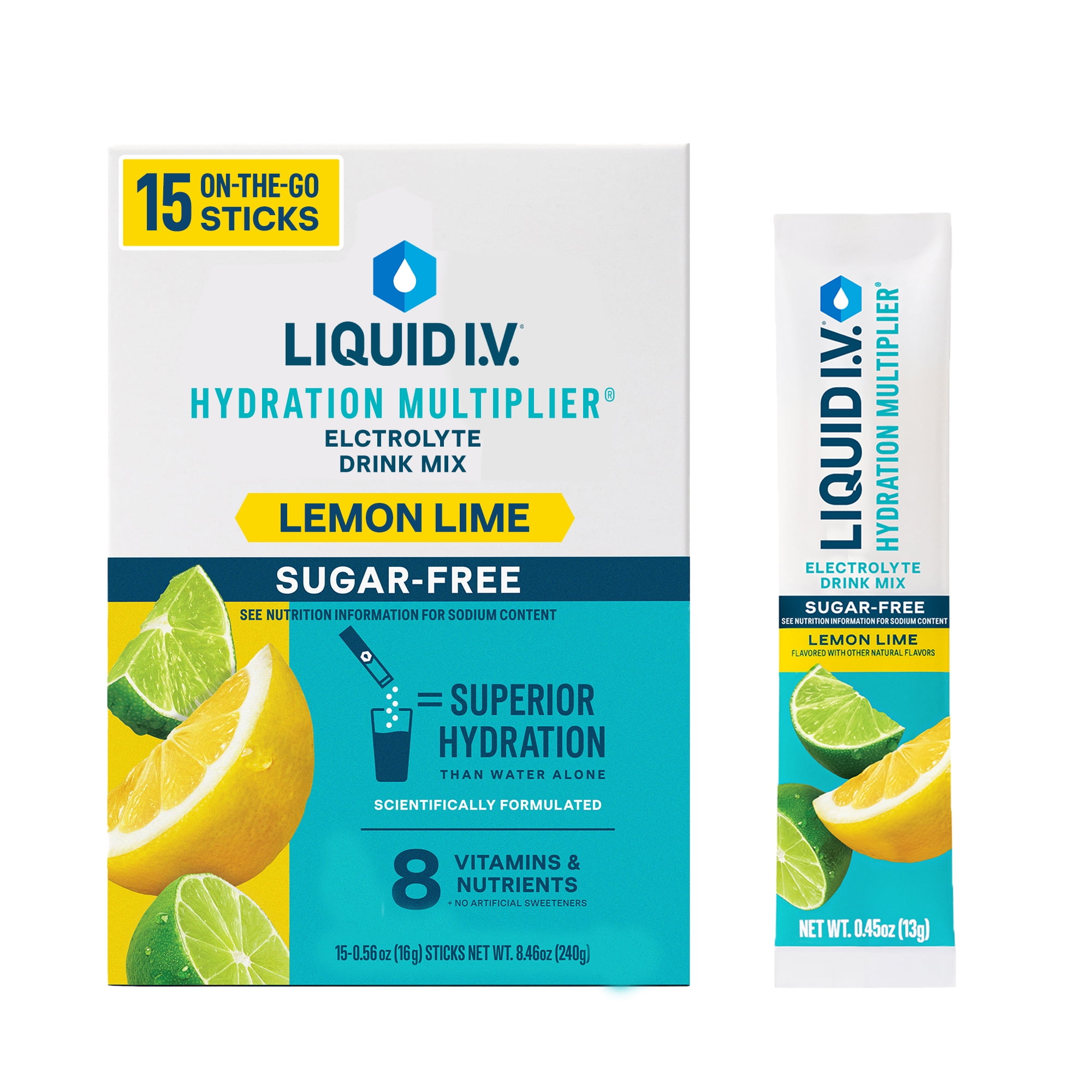 Liquid I.V. Lemon Lime Sugar-Free Hydration Multiplier Powdered Electrolyte Drink Mix, 15 Count Packets