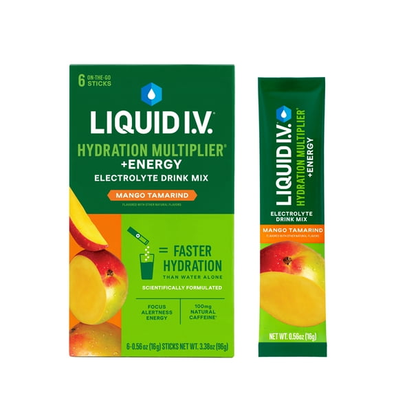 Liquid I.V. Mango Tamarind Hydration Multiplier +Energy Powdered Electrolyte Drink Mix, 6 CT