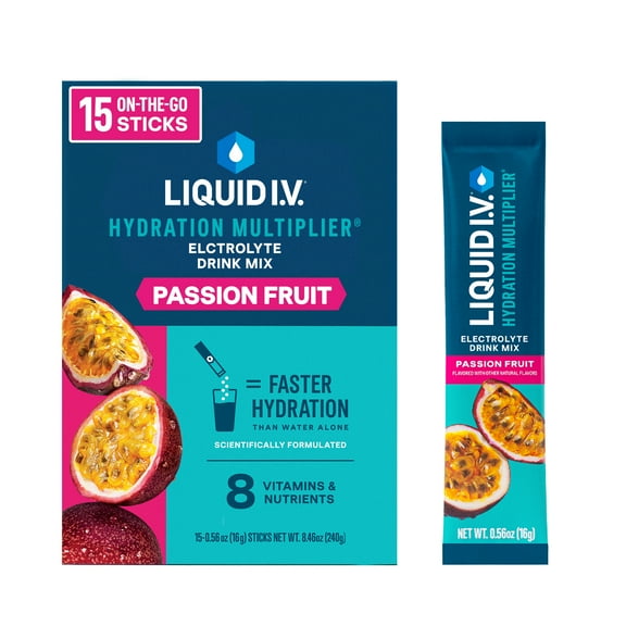 Liquid I.V. Passion Fruit Hydration Multiplier Powdered Electrolyte Drink Mix, 15 Count Packets