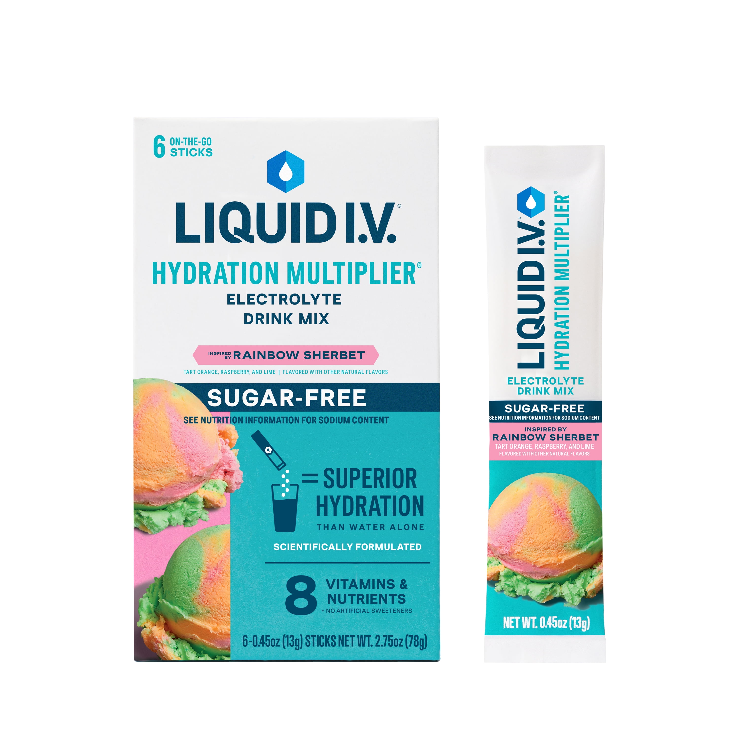 Liquid I.V. Rainbow Sherbet Sugar-Free Hydration Multiplier Powdered Electrolyte Drink Mix, 6 Ct Packets