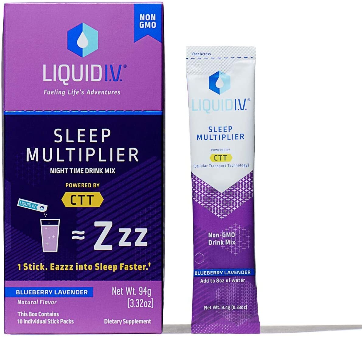 Liquid I.V. Sleep, Clean Sleep Support, Fast Acting, Natural Melatonin, L-theanine, Valerian Root, Sleep Aid (Blueberry Lavender, 10 count) - image 1 of 9