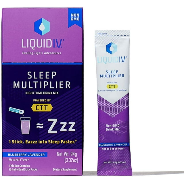 Liquid I.V. Sleep, Clean Sleep Support, Fast Acting, Natural Melatonin, L-theanine, Valerian Root, Sleep Aid (Blueberry Lavender, 10 count)
