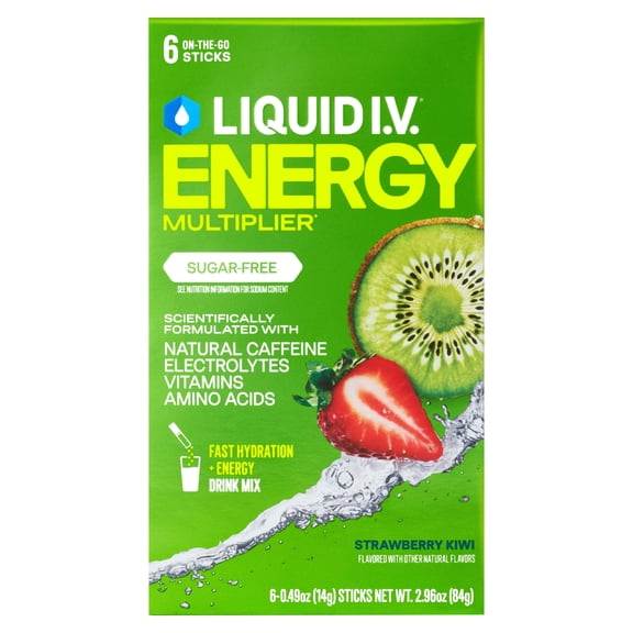 Liquid I.V. Strawberry Kiwi Sugar-Free Hydration Multiplier +Energy Electrolyte Powder Drink Mix, 6 Count Packets
