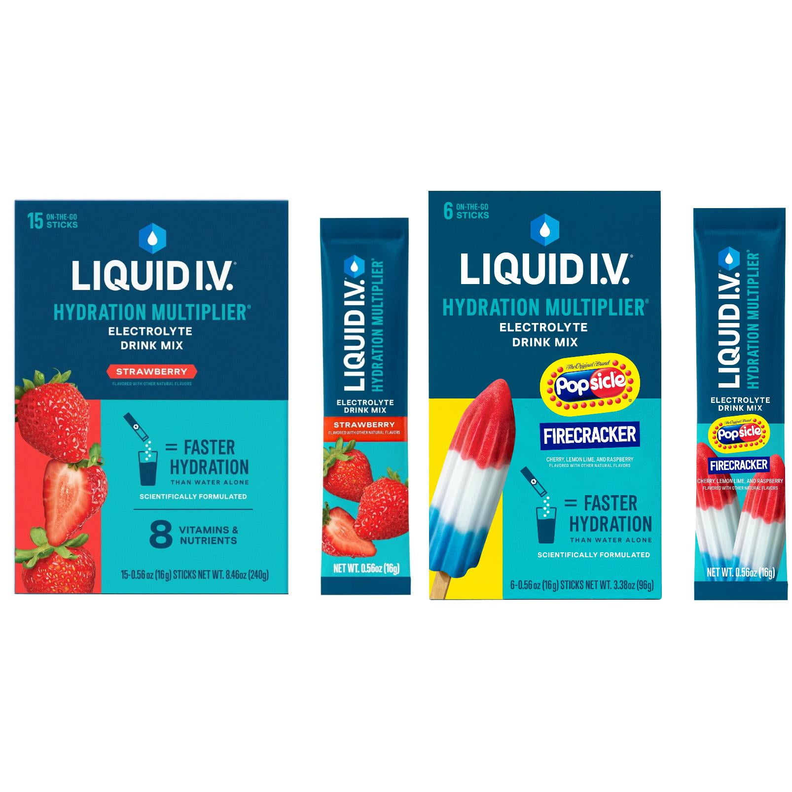Liquid I.V. Strawberry + Popsicle Firecracker Hydration Multiplier Combo Pack, 15 count + 6 count packets, 2 pack