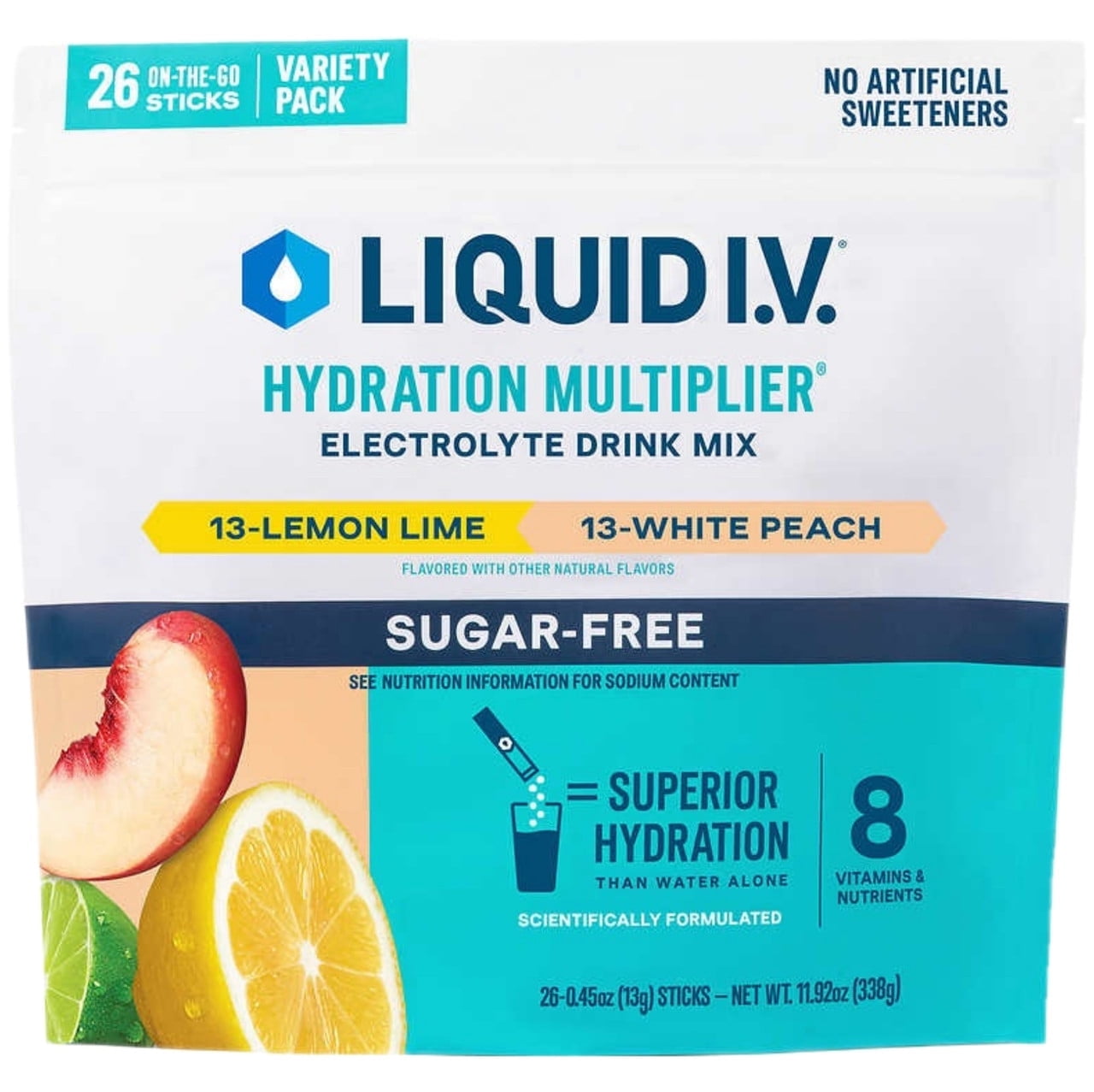 Liquid I.V. Sugar Free Electrolytes Hydration Multiplier Powder Mix, Variety Pack Flavors, Sugar Free Lemon Lime, Sugar Free White Peach, 26 Count