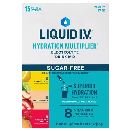 Liquid I.V.® Lemon Lime, White Peach, and Raspberry Melon Sugar-Free Hydration Multiplier® Powdered Electrolyte Drink Mix, 15 Count Packets