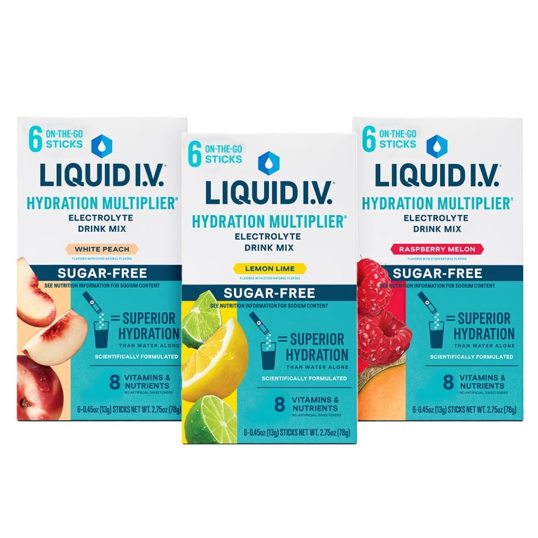 Liquid I.V.® White Peach, Lemon Lime, Raspberry Melon Sugar Free