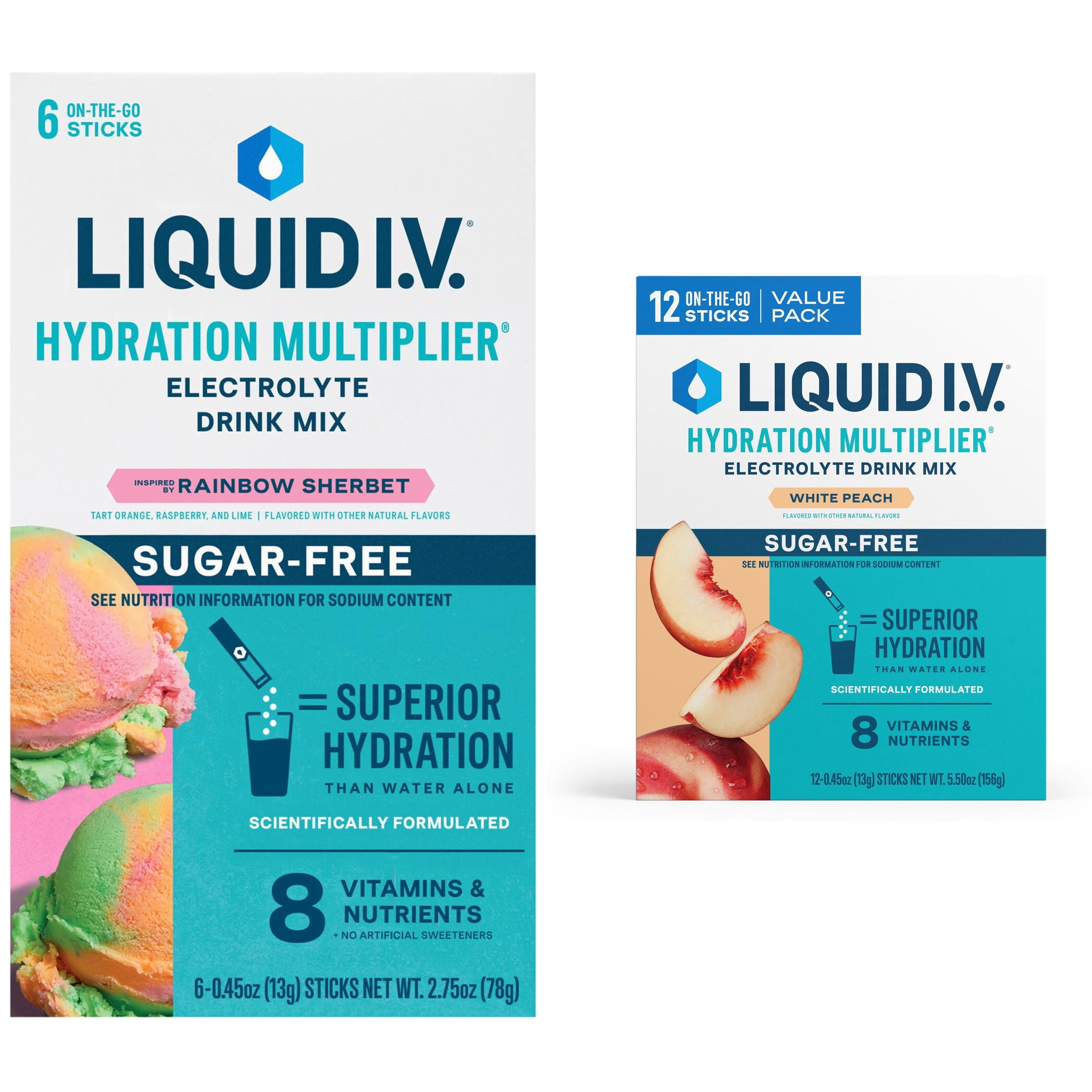 Liquid I.V.® White Peach + Rainbow Sherbet Sugar Free Hydration Multiplier® Combo Pack, 18 Count + 6 Count Packets, 2 Pack