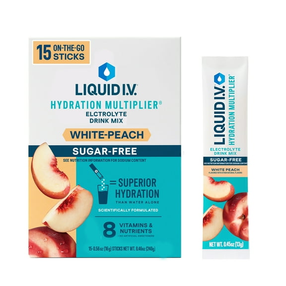 Liquid I.V. White Peach Sugar-Free Hydration Multiplier Powdered Electrolyte Drink Mix, 15 Ct Packets