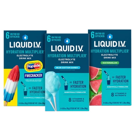 Liquid I.V.® Hydration Multiplier Summer Variety Pack, Popsicle Firecracker, Cotton Candy, Watermelon, 6 count packets, 3 pack