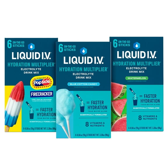 Liquid I.V. Hydration Multiplier Summer Variety Pack, Popsicle Firecracker, Cotton Candy, Watermelon, 6 count packets, 3 pack