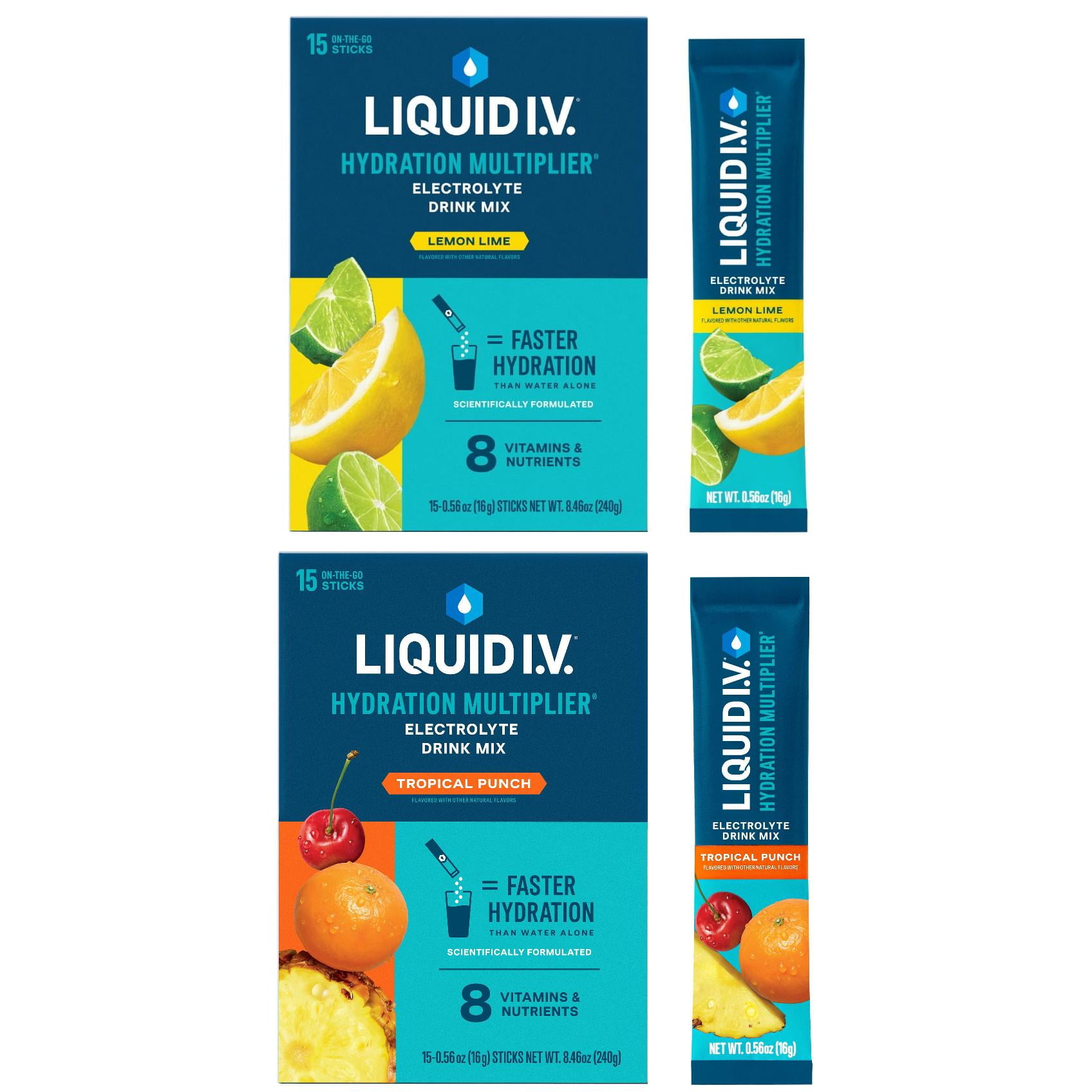 Liquid IV Lemon Lime and Tropical Punch 15 count (2 pck)