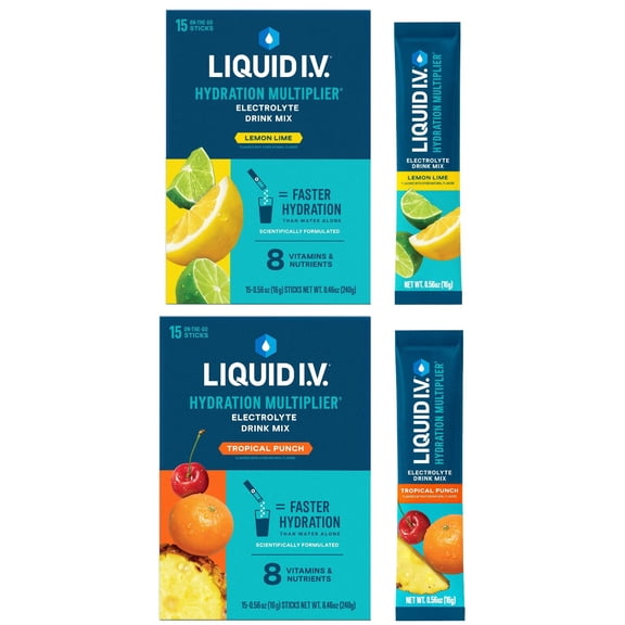Liquid IV Lemon Lime and Tropical Punch 15 count (2 pck)