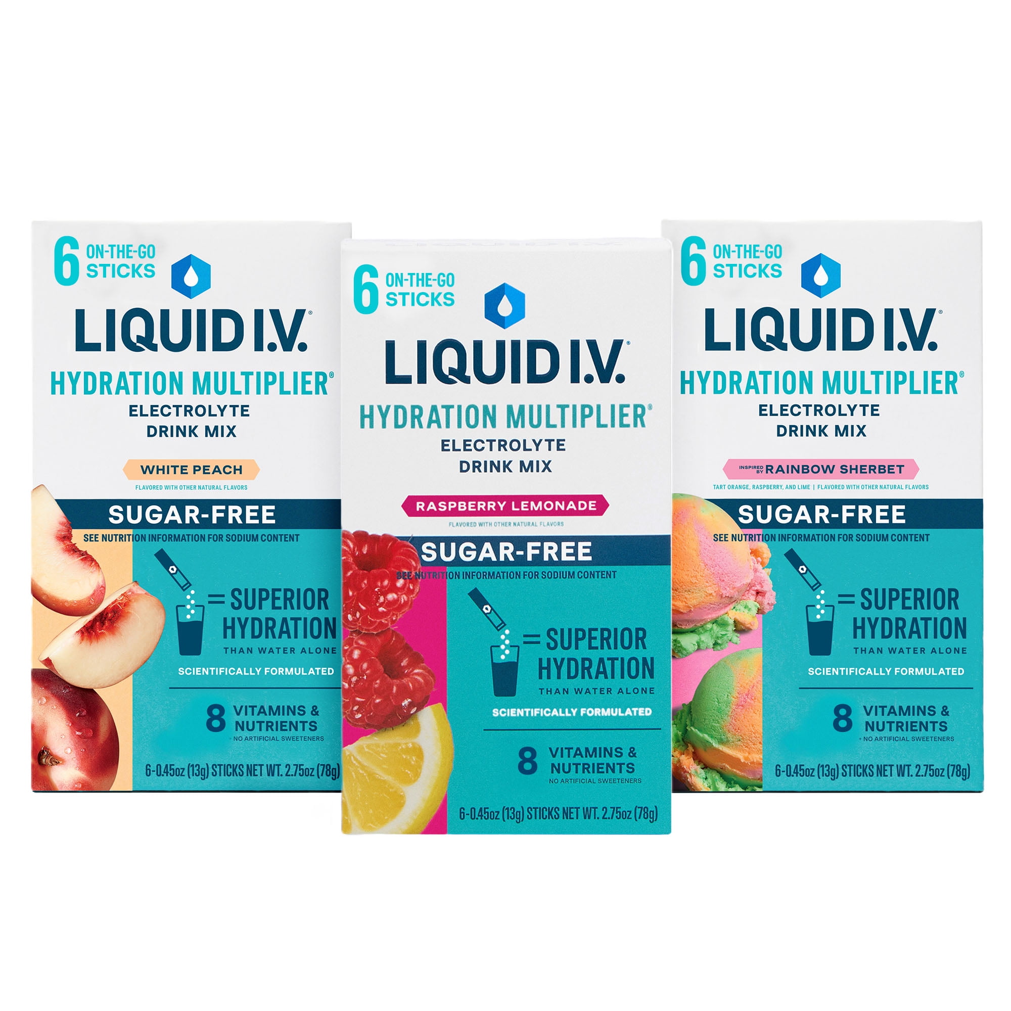 Liquid I.V. Sugar-Free Hydration Multiplier Summer Variety Pack, White Peach, Raspberry Lemonade, Rainbow Sherbet, 6 count packets, 3 pack
