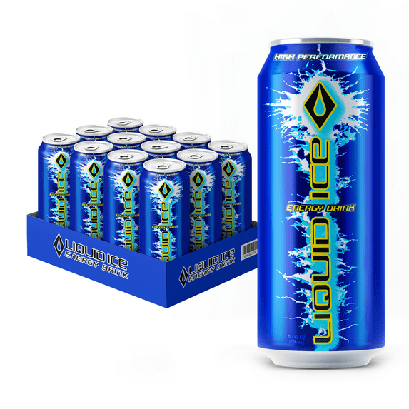 Liquid Ice Energy Drink, Arctic Berry, with 160mg Caffeine plus Taurine & B-Vitamins, Real Sugar, 16 Fl Oz, Pack of 12 Cans
