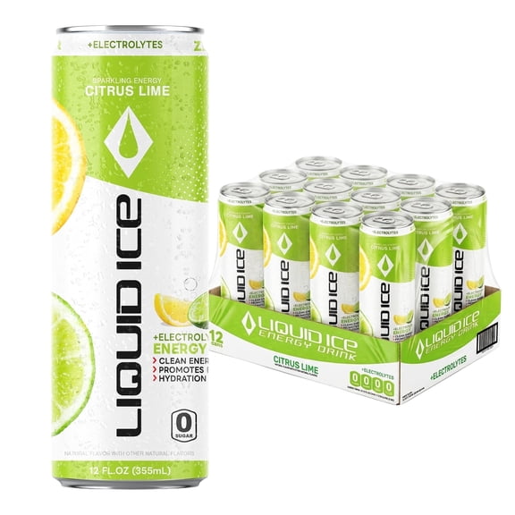 Liquid Ice Energy Drink, Zero Sugar, Citrus Lime 12 Fl Oz 12 Pack, Electrolytes, Clean Energy, 120mg Natural Caffeine, L-Theanine, Green Tea Extract, CoQ10, Antioxidant Support