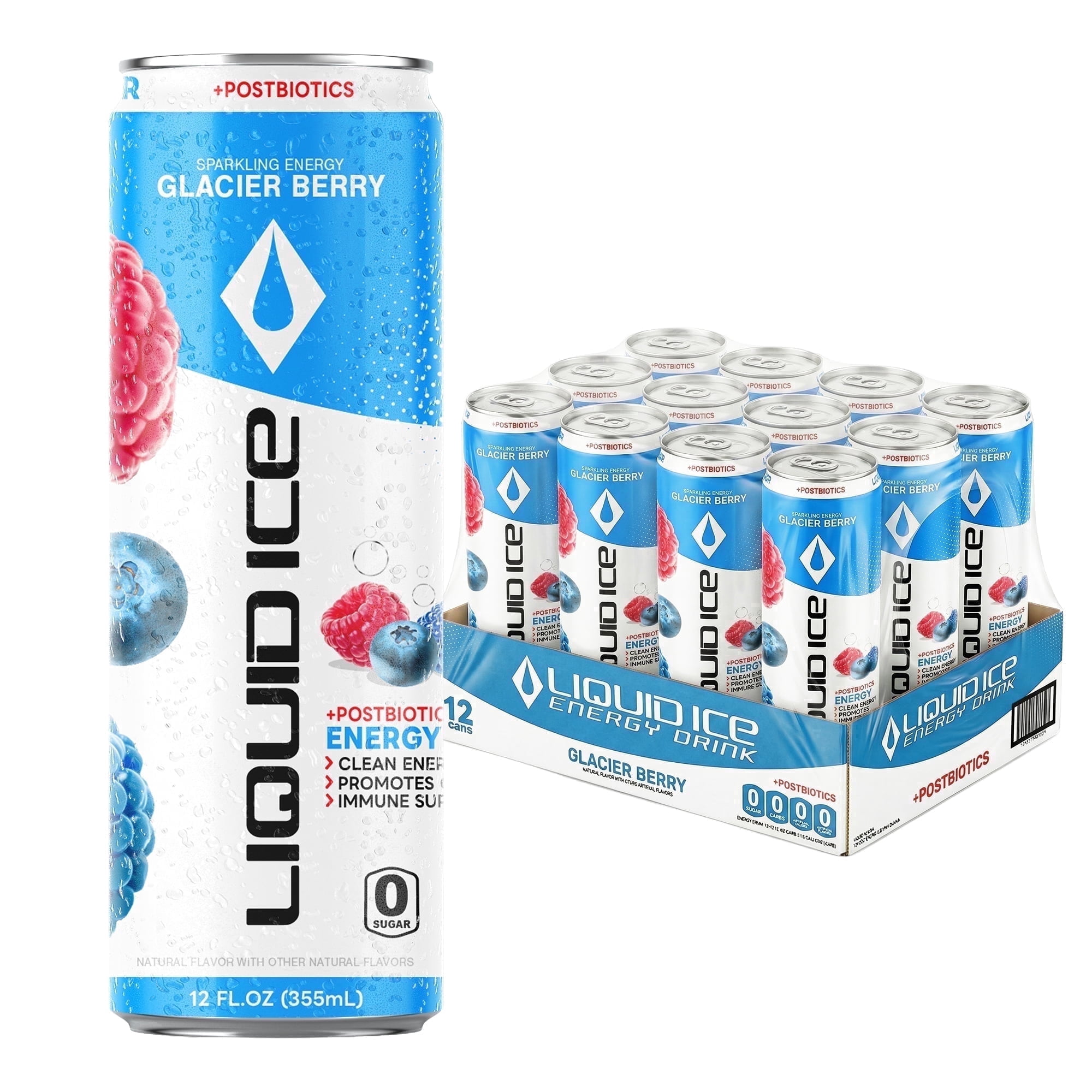 Liquid Ice Energy Drink, Zero Sugar, Glacier Berry 12 Fl Oz 12 Pack, Postbiotics, Clean Energy, 120mg Natural Caffeine, L Theanine, Green Tea Extract, CoQ10, Antioxidant Support