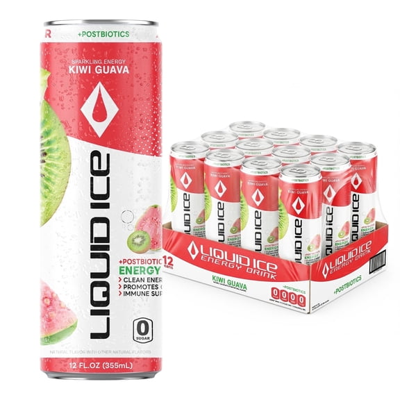 Liquid Ice Energy Drink, Zero Sugar, Kiwi Guava 12 Fl Oz 12 Pack, Postbiotics, Clean Energy, 120mg Natural Caffeine, L Theanine, Green Tea Extract, CoQ10, Antioxidant Support