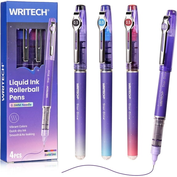 Liquid Ink Rollerball Pens: 0.5mm Assorted Color Ink Fine Point Tip Rolling Roller Ball Pen Multicolor No Bleed & Smudge for Journaling Smooth Writing Drawing 4ct