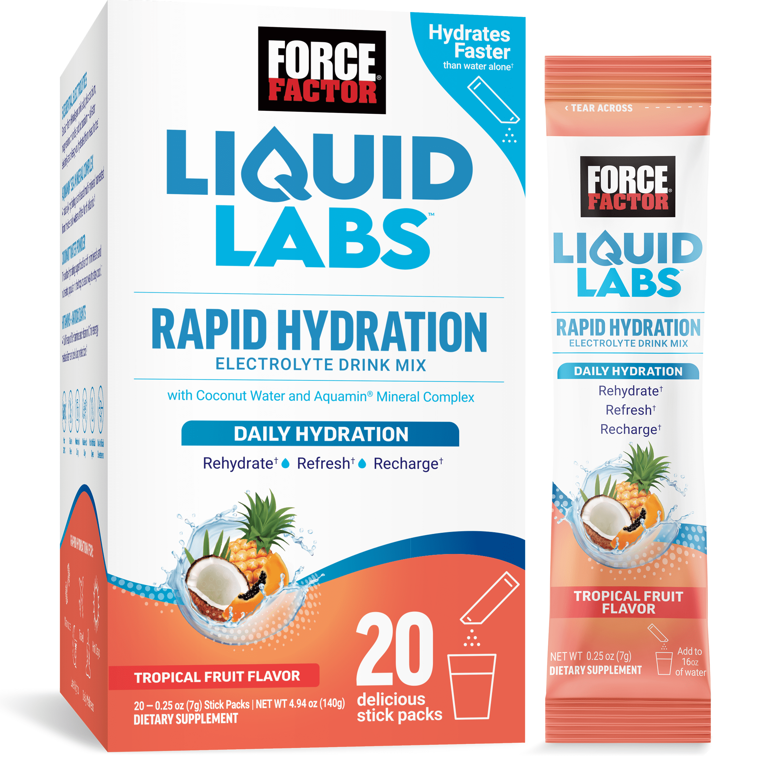 Force Factor Liquid Labs Electrolyte Powder, Hydration Powder with 5 Electrolytes, Vitamins, Minerals & Antioxidants, Tropical Fruit, 20 Stick Packs