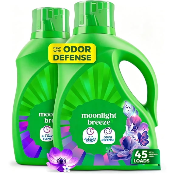 Liquid Laundry Detergent with Advanced Odor Defense, Moonlight Breeze Scent, High-Efficiency (HE) Formula, 45 Loads per Bottle, 60 fl oz, Pack of 2, Deep Cleaning Solution