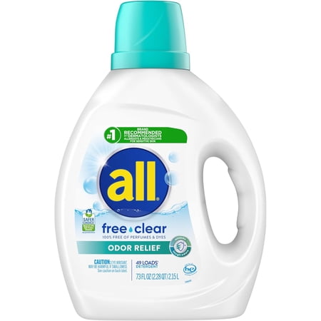 Liquid Laundry Detergent, Free Clear, Odor Relief, 73 Fluid Ounces, 49 Loads