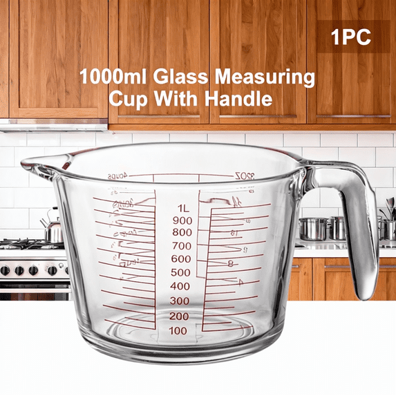 Liquid Measuring Glass Cup - 1000ml Heatproof Borosilicate Measuring Jug with Handle,Precise Ml Oz Marks,Microwave Oven Safe,Large Capacity for Baking Cooking Mixing