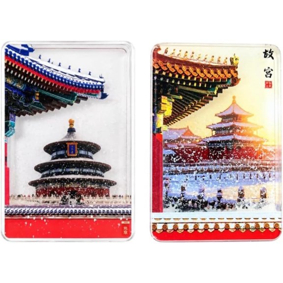 Liquid Motion Fridge Magnet Beijing Temple Snow Scene, 2PCS Flowing Sand Refrigerator Magnets, Interactive Desk Decor Stress Relief Gift