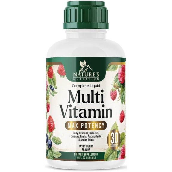 Liquid Multivitamin - Sugar Free Daily Multi Vitamin for Women, Men & Kids, Vitamins A, C, D, B-12, Biotin & Zinc - Supports Faster Hair Growth & Skin Wrinkles, Vegan, Non-GMO, Berry Flavor, 15 Fl Oz
