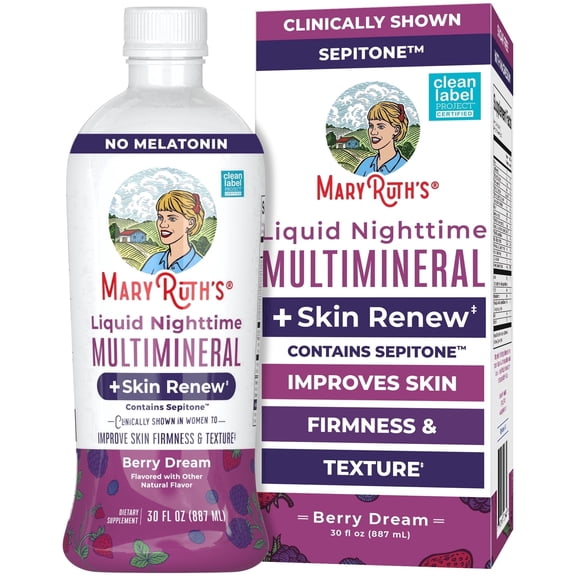 MaryRuth's Nighttime Multimineral Liquid + Skin Renew, Skin Firmness & Wrinkle Reduction, Berry Dream, Gluten-Free, Vegan, 30 Fl Oz, 1 Count