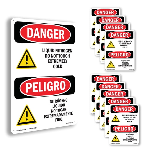 Liquid Nitrogen No Touch Cold Bilingual OSHA Danger Aluminum Sign 10 Inch x 7 Inch - 10 Pack