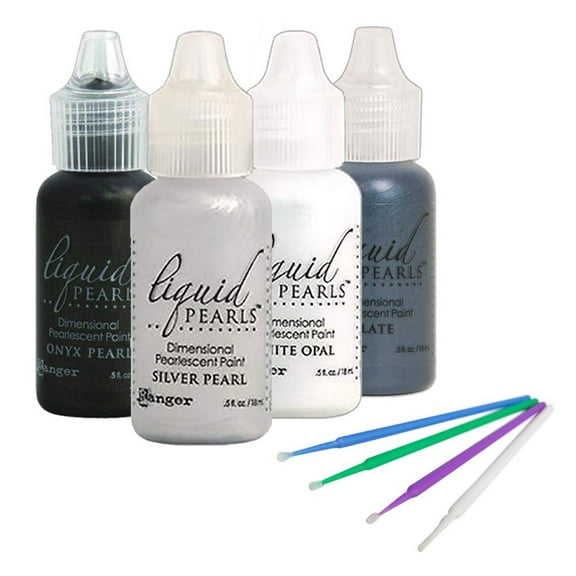 Purple Turtle Products Ranger Liquid Pearls Bundle - White Opal, Silver Pearl, Slate and Onyx Pearl - with Trebbies Detail Sticks