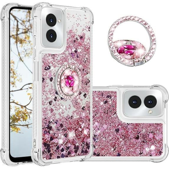Liquid Quicksand Case for Motorola Moto G Power 5G (2024) with Diamond Kickstand, Luxury Fun Glitter Sparkle Flowing Clear Bling Cover Case for Motorola Moto G Power 5G (2024) -Rose Gold