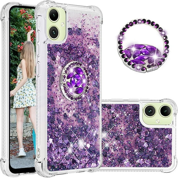 Liquid Quicksand Case for Samsung Galaxy A06 with Diamond Kickstand, Luxury Fun Glitter Sparkle Flowing Clear Bling Cover Case for Samsung Galaxy A06. -Purple
