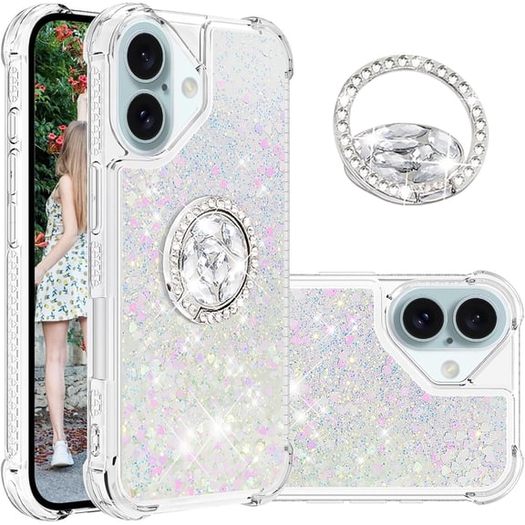 Liquid Quicksand Case for iPhone 16 Plus 6.7" with Diamond Kickstand, Soft TPU Luxury Fun Glitter Sparkle Flowing Clear Bling Cover Case for Apple iPhone 16 Plus. -Colorful