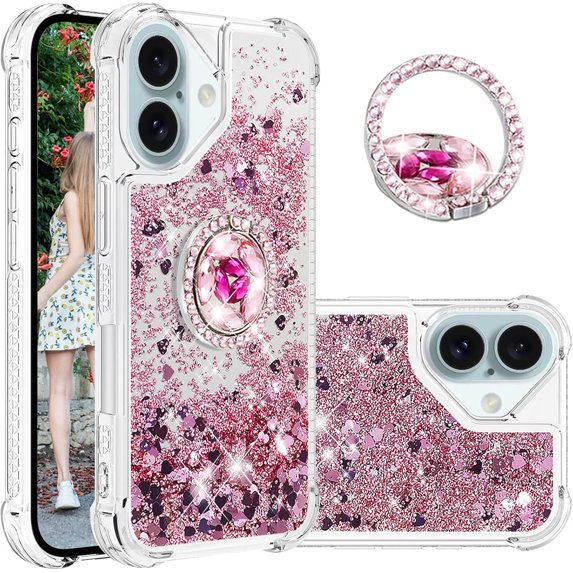 Liquid Quicksand Case for iPhone 16 Plus 6.7" with Diamond Kickstand, Soft TPU Luxury Fun Glitter Sparkle Flowing Clear Bling Cover Case for Apple iPhone 16 Plus. -Pink