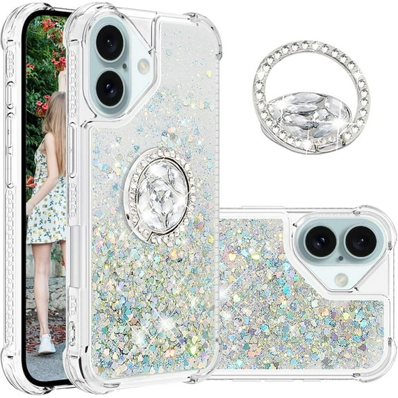 Liquid Quicksand Case for iPhone 16 Plus 6.7" with Diamond Kickstand, Soft TPU Luxury Fun Glitter Sparkle Flowing Clear Bling Cover Case for Apple iPhone 16 Plus. -Silver