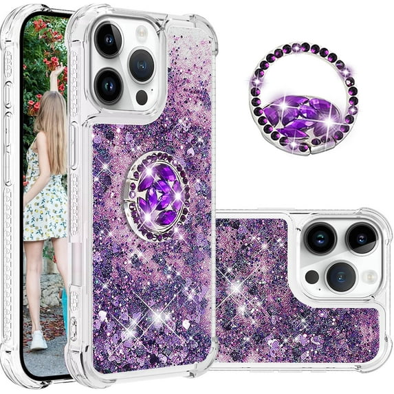 Liquid Quicksand Case for iPhone 16 Pro 6.3" with Diamond Kickstand, Soft TPU Luxury Fun Glitter Sparkle Flowing Clear Bling Cover Case for Apple iPhone 16 Pro. -Purple
