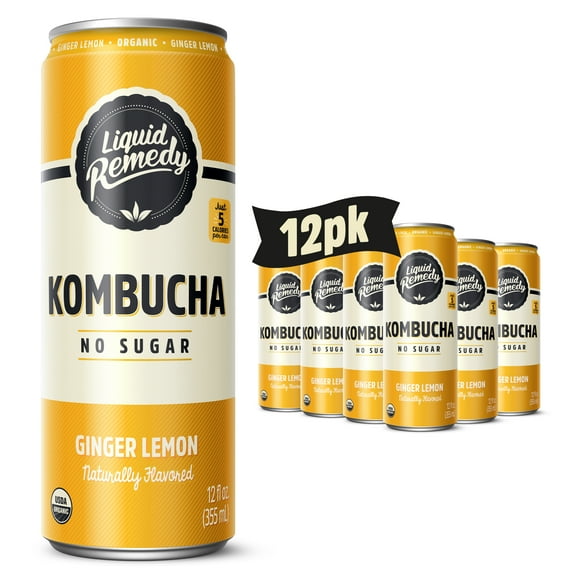 Liquid Remedy Kombucha Ginger Lemon Low Calorie Sugar Free, 12 Pk, 12 oz Cans