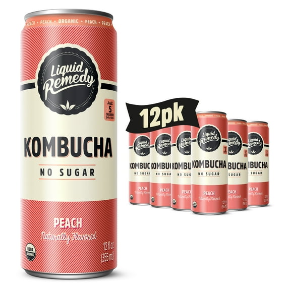 Liquid Remedy Kombucha Peach Low Calorie Sugar Free, 12 Pk, 12 oz Cans