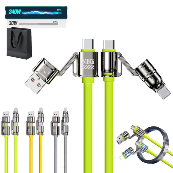 Liquid Silicone 4-in-1 Fast Charging Cable, Thicker Silicone Multiple Charger Cord - Anti-Tangle, 240w Fast Charging, Smart Temperature Control for Phones, Tablets, Laptops