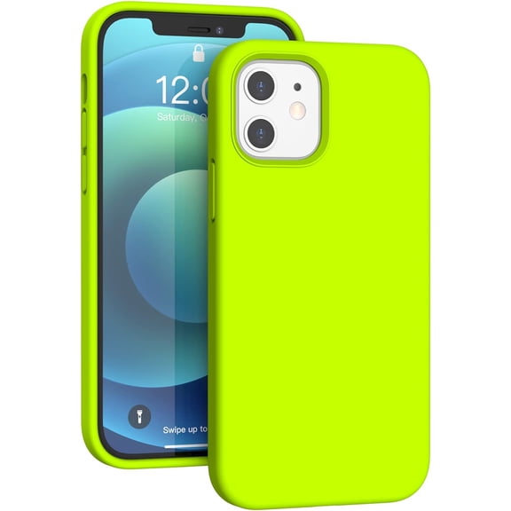 Liquid Silicone Case Compatible with iPhone 12/12 Pro 6.1 Inch, Gel Rubber Full Body Protection Cover with Microfiber Lining, Shockproof Protective Phone Case, Fluorescent Green